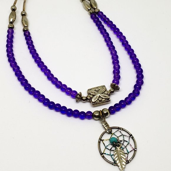 Sterling Silver Purple Bead Two Layer Dream Catcher Necklace Southwest Style - Picture 8 of 11